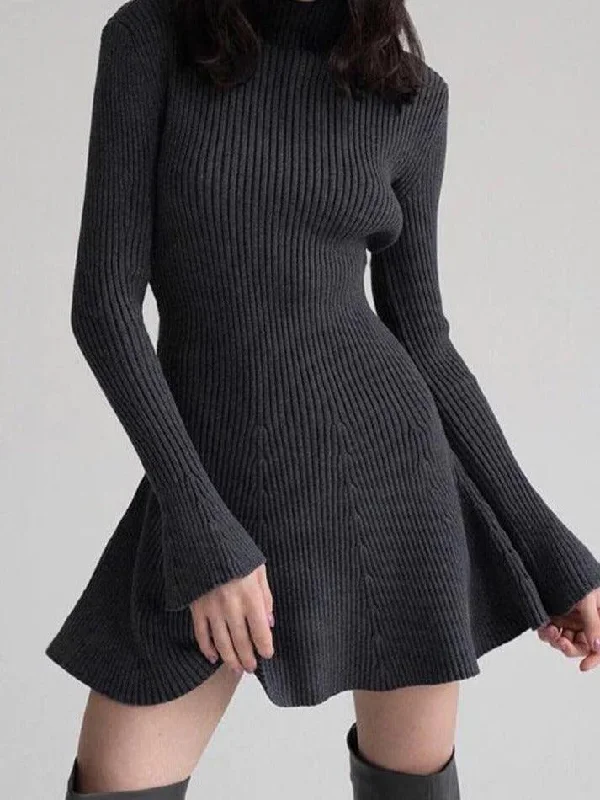 Solid High Neck Slim Knit Mini Dress Fashionable Lace Mini Dress