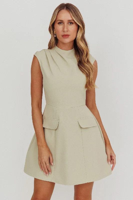 Thandi Pleat Shoulder Faux Pocket Mini Dress Sage Classic Solid Mini Dress