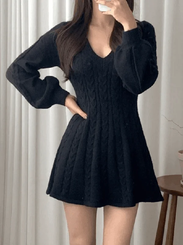 V Neck Cable Knit Long Sleeve Mini Dress Comfortable One-Shoulder Mini Dress