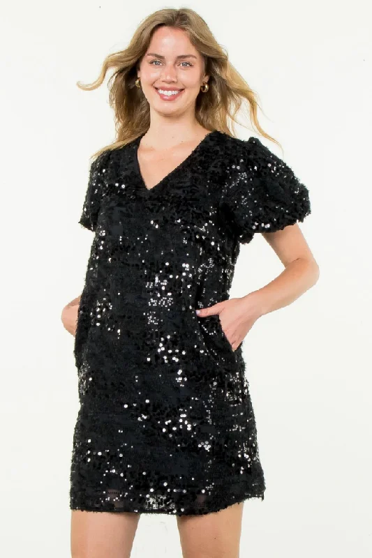 Valentina Sequin Mini Dress in Black Comfortable Zip-Up Mini Dress