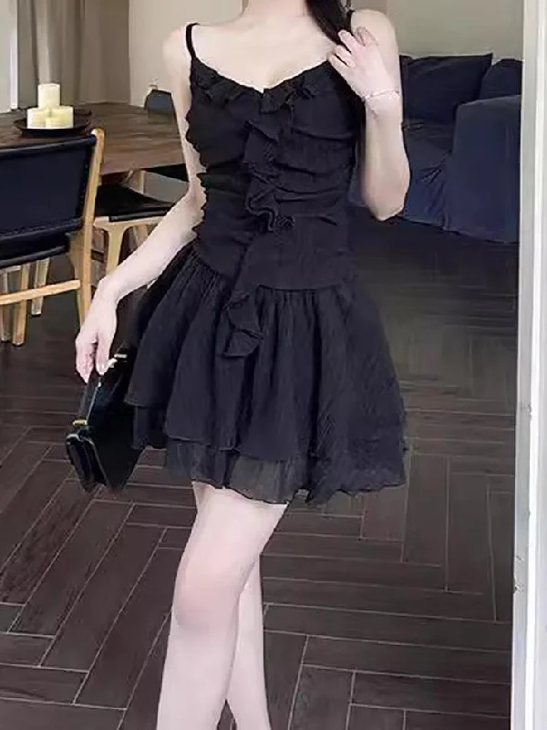 Vintage Ruffled V-Neck Mini Dress Comfortable Off-Shoulder Mini Dress