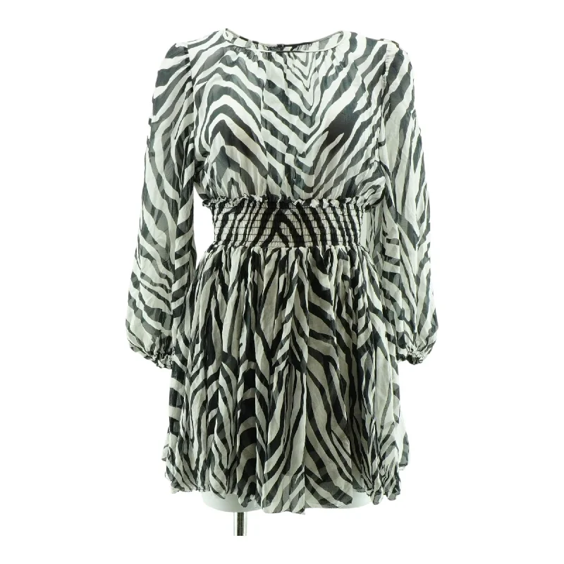 White Zebra Print Silk Chiffon Mini Dress Trendy Button-Detail Mini Dress