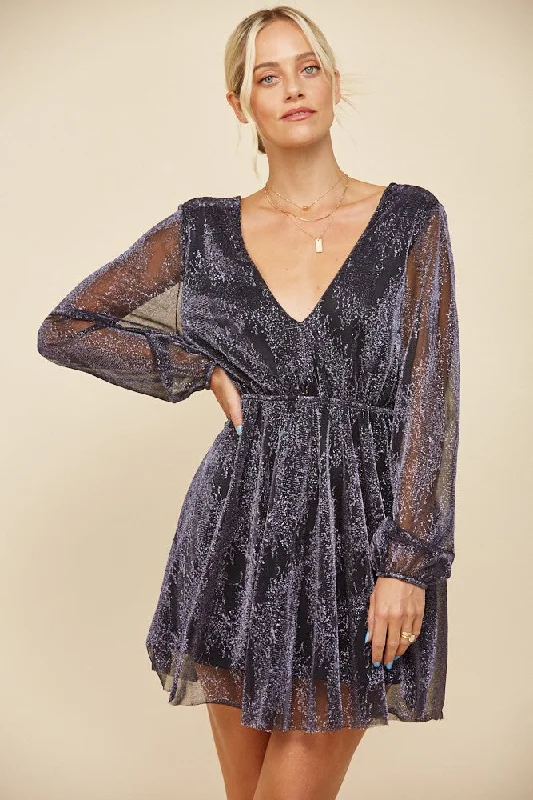 Indigo Metallic Sparkling Mesh Long Sleeve Cocktail Holiday Party Mini Dress Classic Solid Mini Dress