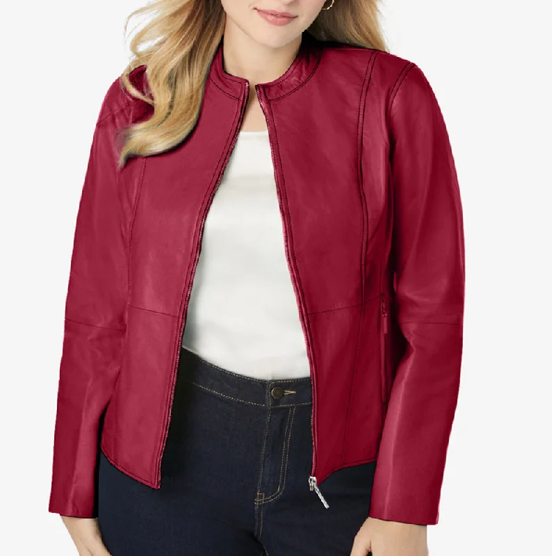 Chubby Women Red Fashion Leather Jacket V-Neck Jacket Boat Neck Jacket Square Neck Jacket