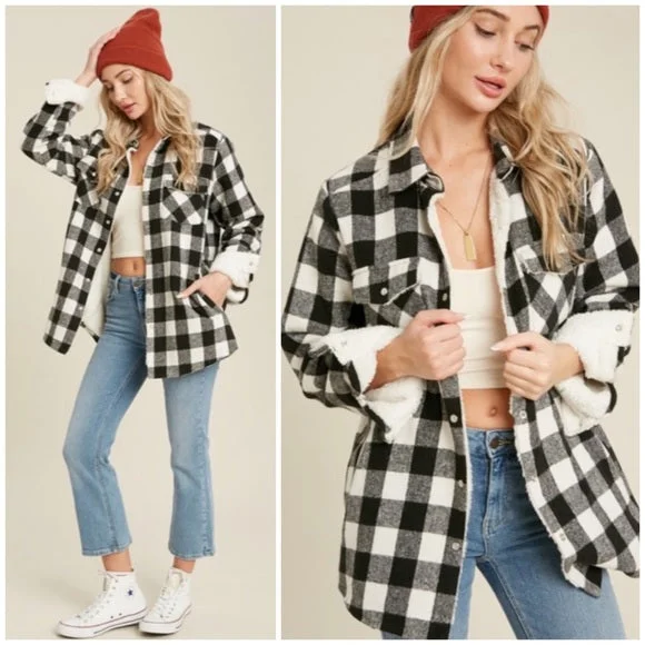 Black Buffalo Plaid Sherpa Lined Shacket Shirt Jacket Womens Quilted Jacket Puffer Jacket Insulated Jacket