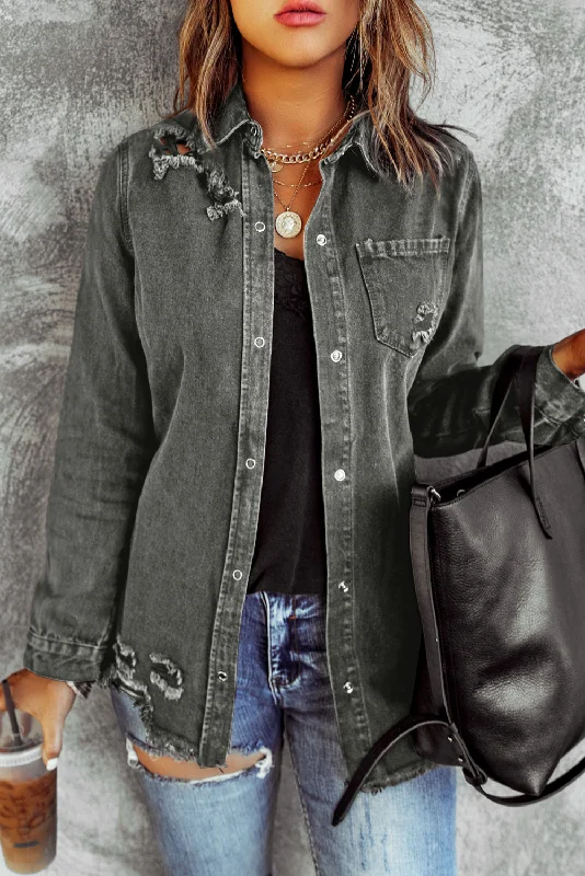 Distressed Raw Hem Snap Down Denim Jacket Zippered Jacket Buttoned Jacket Snapped Jacket