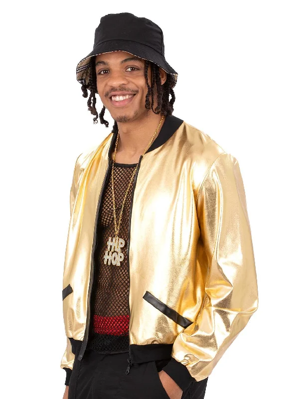 Gold Hip Hop 90's Tracksuit Jacket Zip Front Button Front Snap Front