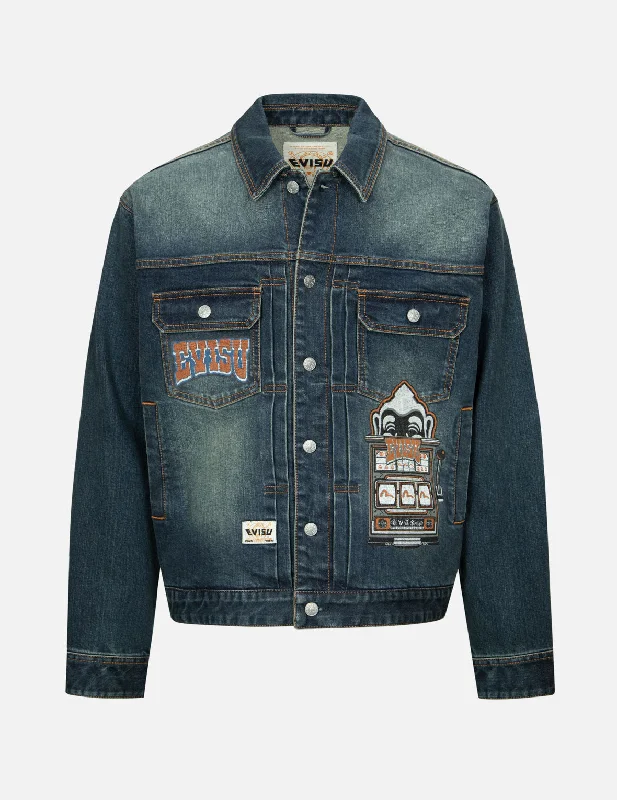 Logo and Godhead Lucky Slot Machine EmbroideriesRelax Fit Denim Jacket Wool Fabric Cashmere Fabric Tweed Fabric