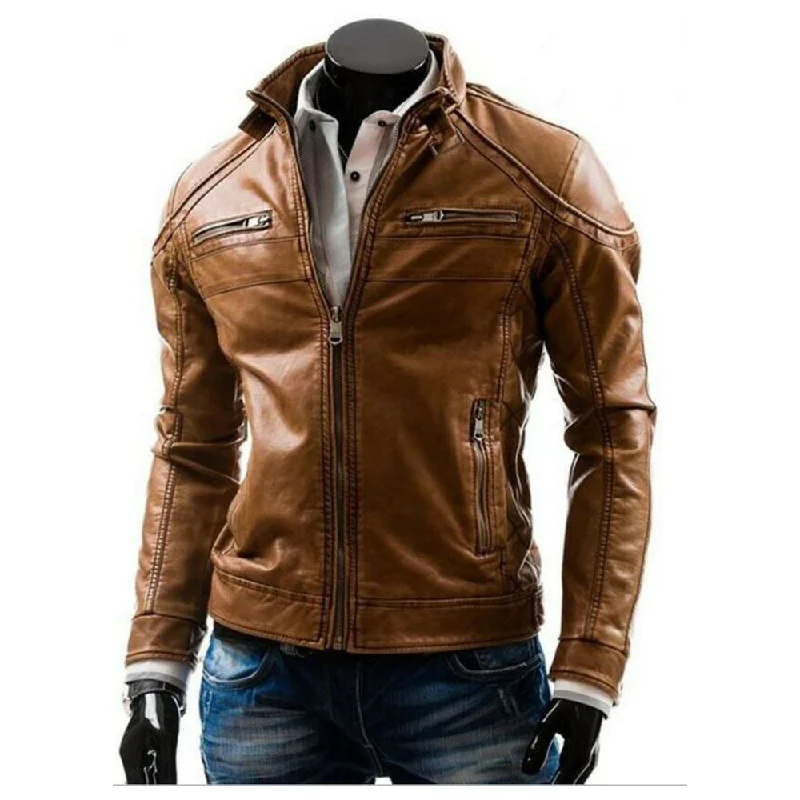 Men Brown Leather Fashionable Biker Men Fashion Jacket Cotton Jacket Linen Jacket Terry Jacket