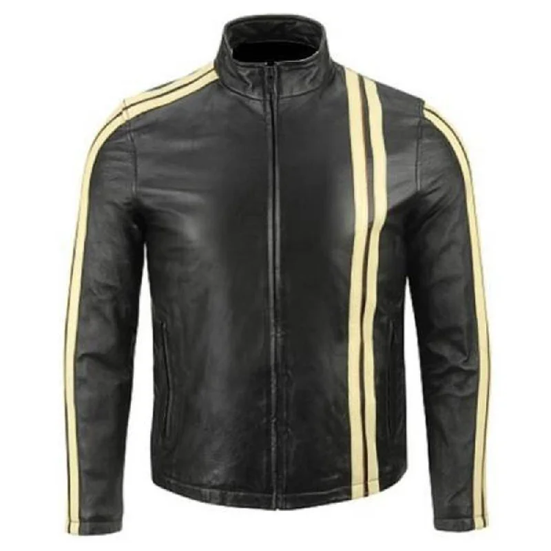 Slim Fit Yellow Stripes Leather Jacket Denim Jacket Leather Jacket Suede Jacket