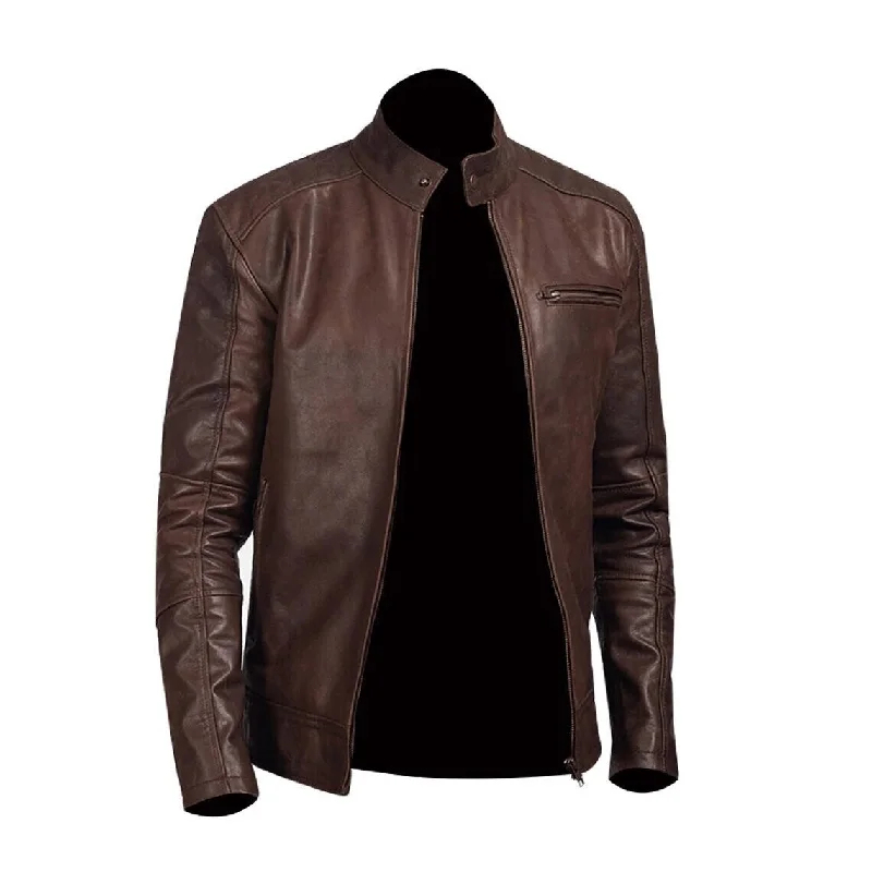 Mens chocolate brown leather jacket Front Pockets Side Pockets Patch Pockets