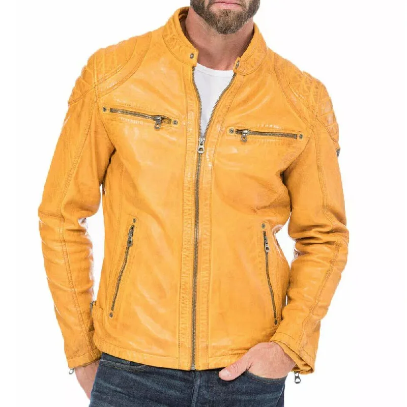 Mens Slim Fit Yellow Leather Jacket Embroidered Jacket Appliqued Jacket Beaded Jacket