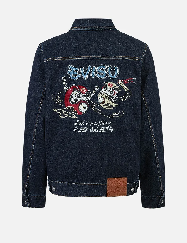 Ninja Daruma Embroidery Regular Fit Padded Denim Jacket Collared Jacket Crew Neck Jacket Turtle Neck Jacket