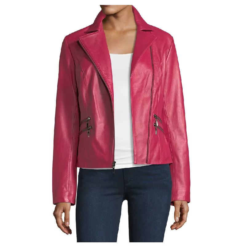 Pink Lambskin Women Biker Leather Jacket Belted Jacket Elasticated Jacket Padded Jacket