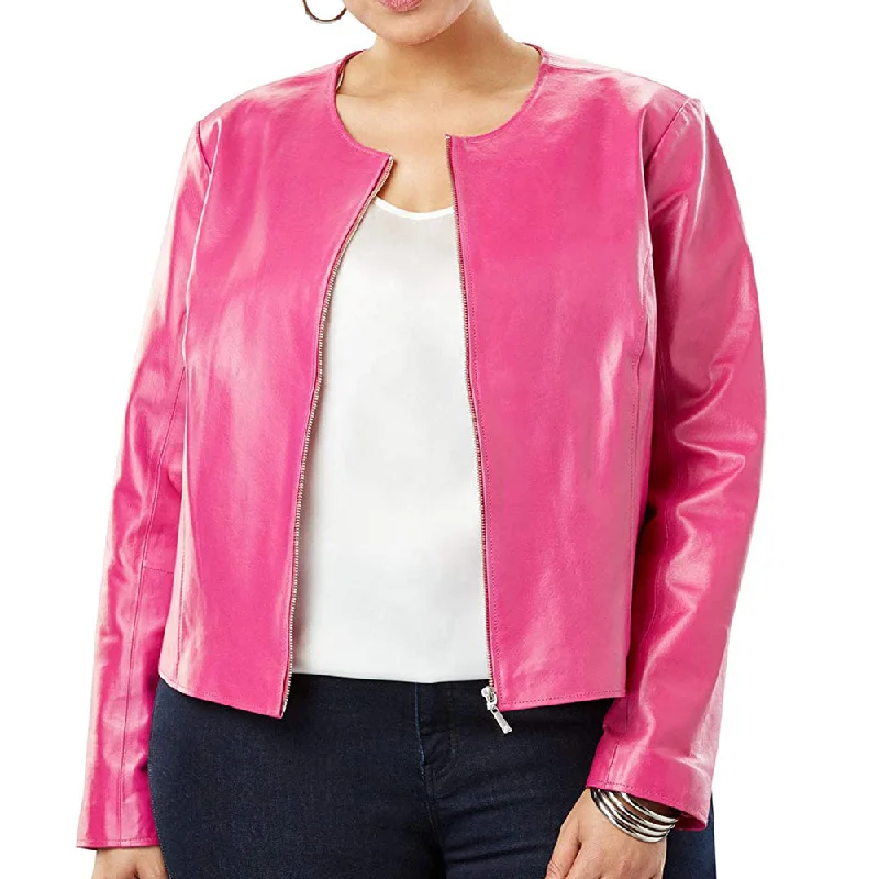 Plus Size Women Pink Leather Jacket Stand-Up Collar Roll-Neck Collar Turtle Neck