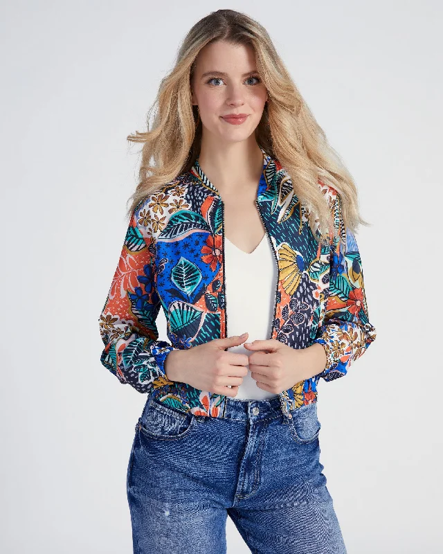 Printed Bomber Jacket Front Pockets Side Pockets Patch Pockets