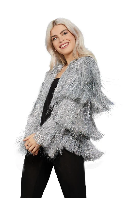 Silver Tinsel Fringe Jacket A-Line Jacket Boat Neck Shawl Collar