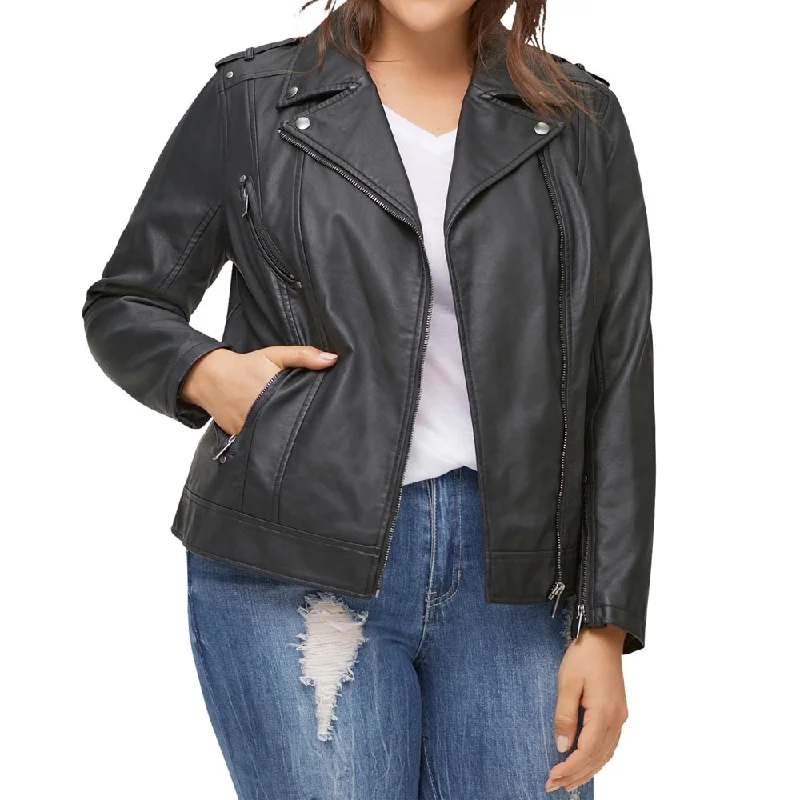 Women Plus Size Moto Leather Jacket Denim Fabric Leather Fabric Suede Fabric