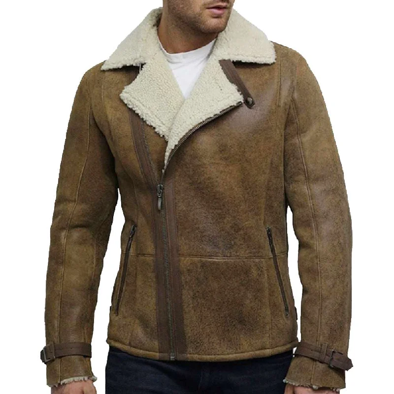 Vintage Aviator Rust Brown Distressed Leather Shearling Bomber Jacket A-Line Jacket Boat Neck Shawl Collar