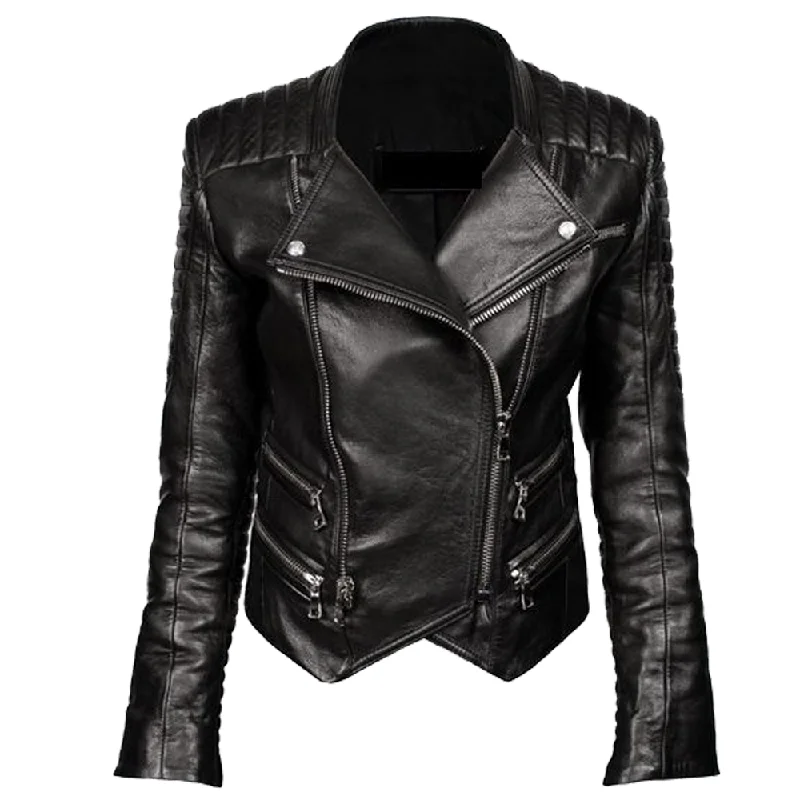 Women Genuine Leather Biker Double Zipper Jacket Striped Jacket Polka Dot Jacket Floral Jacket