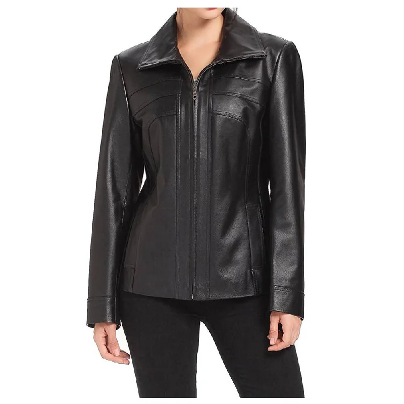 Women Lambskin Fashion Black Leather Jacket Satin Jacket Silk Jacket Chiffon Jacket