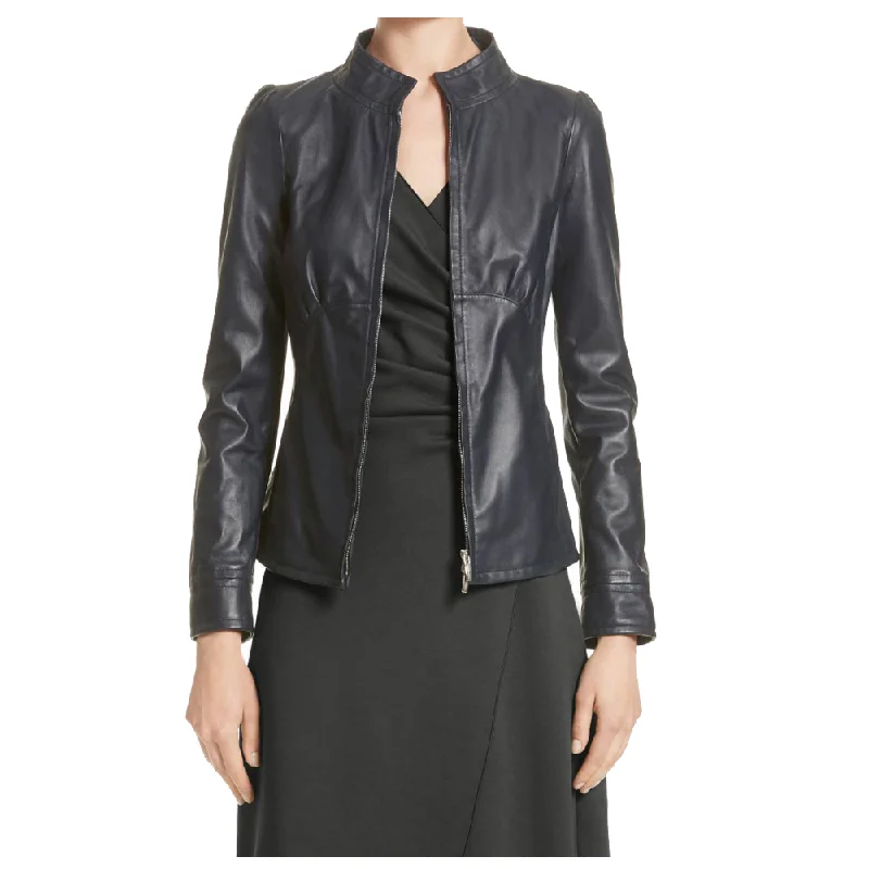 Women Lambskin Fashion Leather Jacket Black A-Line Jacket Boat Neck Shawl Collar