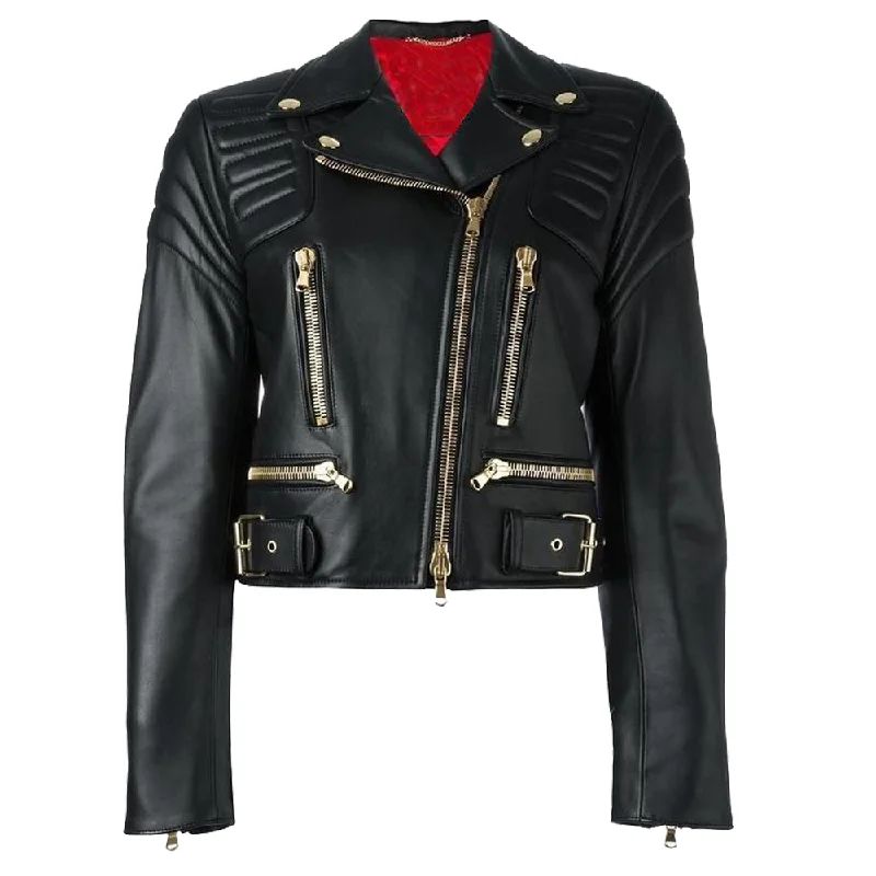 Women Moschino Cropped Biker Leather Jacket Elasticated Jacket Padded Jacket Insulated Jacket