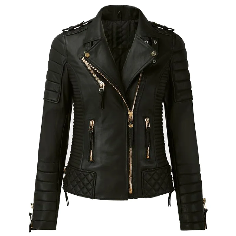 Women Motorcycle Classic Fashion Golden Zipper Leather Jacket Welt Pockets Slit Pockets Flap Pockets