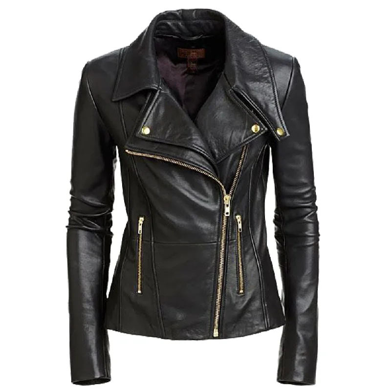 Women Motorcycle Rider Golden Button Black Leather Jacket Anorak Shell Jacket Lightweight Jacket