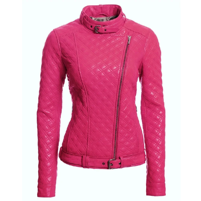 Women Shocking Pink Fashion Biker Leather Jacket Nylon Fabric Polyester Fabric Spandex Fabric