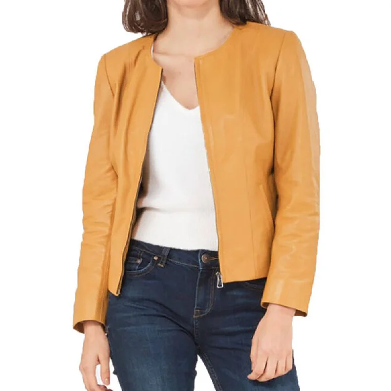 Women Slim Fit Yellow Leather Jacket Snapped Jacket Toggled Jacket Drawstring Jacket