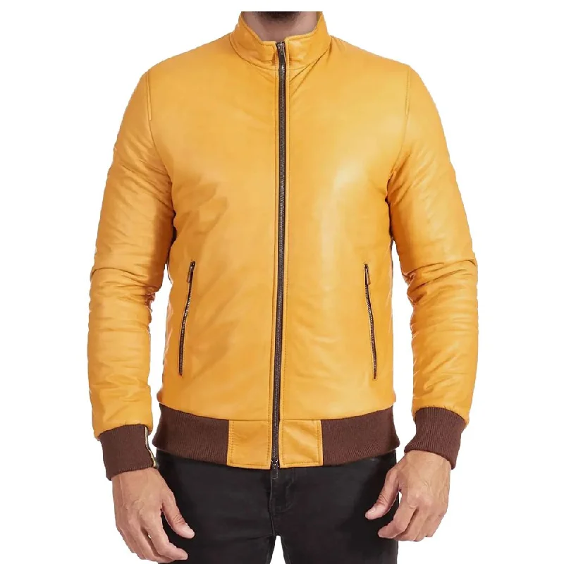 Yellow Bomber Leather Jacket Welt Pockets Slit Pockets Flap Pockets