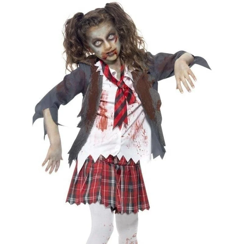 Zombie School Girl Costume Kids Grey Jacket Tartan Skirt Mock Shirt Tie Knit Jacket Woven Jacket Fleece Jacket