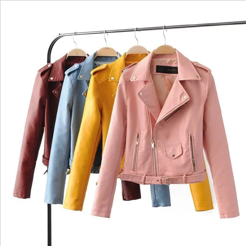 2016New Fashion Autumn Winter Women fashion Brand  Leather Jackets Pu Blue Red Yellow Zippers Long Sleeve Motorcycle Jacket Coat Nylon Fabric Polyester Fabric Spandex Fabric