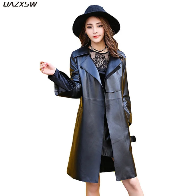 2019 New Women Autumn Spring Leather Jacket Long Slim Adjustable Waist Black Genuine Leather Coat Sheepskin Sashes Outwear AC248 Trench Coat Raincoat Waterproof Jacket