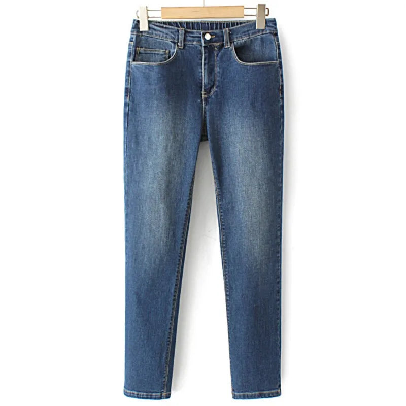 Autumn Clothes Women Drainpipe Jeans Plus Size Simple Slim Stretch Denim Comfortable Faded High-Rise Jeans