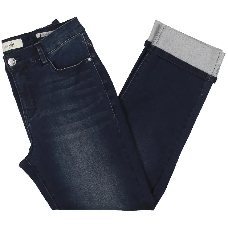 Angels Jeans Womens Mid Rise Dark Wash Straight Leg Jeans Chic Rolled Cuff Denim Jeans