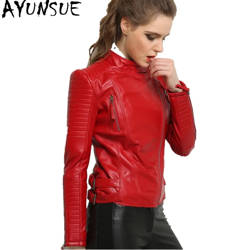 AYUNSUE 100% Real Sheepskin Coat Female Genuine Leather Jacket Short Slim Jackets For Women Outerwear jaqueta de couro WYQ793 Collared Jacket Crew Neck Jacket Turtle Neck Jacket