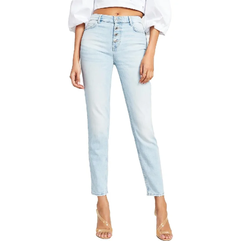 Womens Distressed Denim Skinny Jeans Chic Double Waistband Jeans