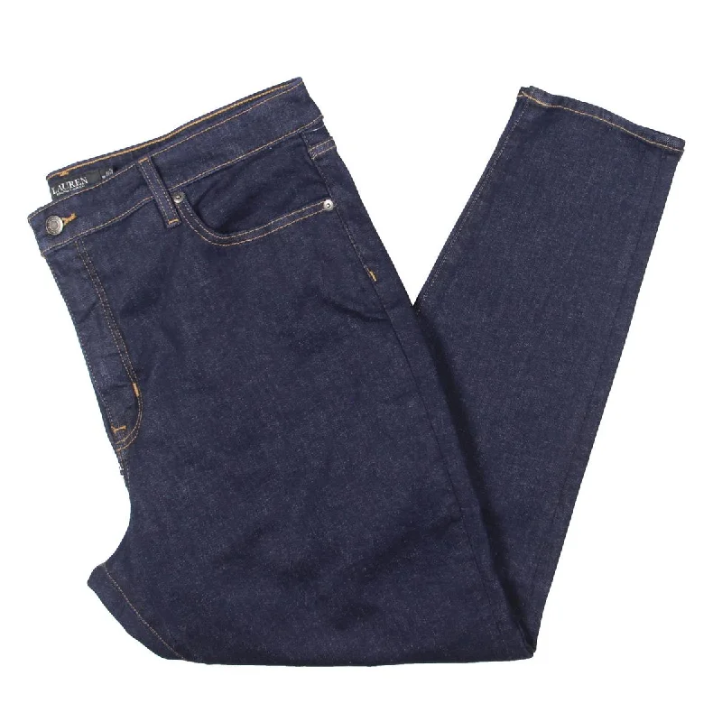 Womens High Rise Dark Wash Straight Leg Jeans Stylish Paperbag Waist Denim