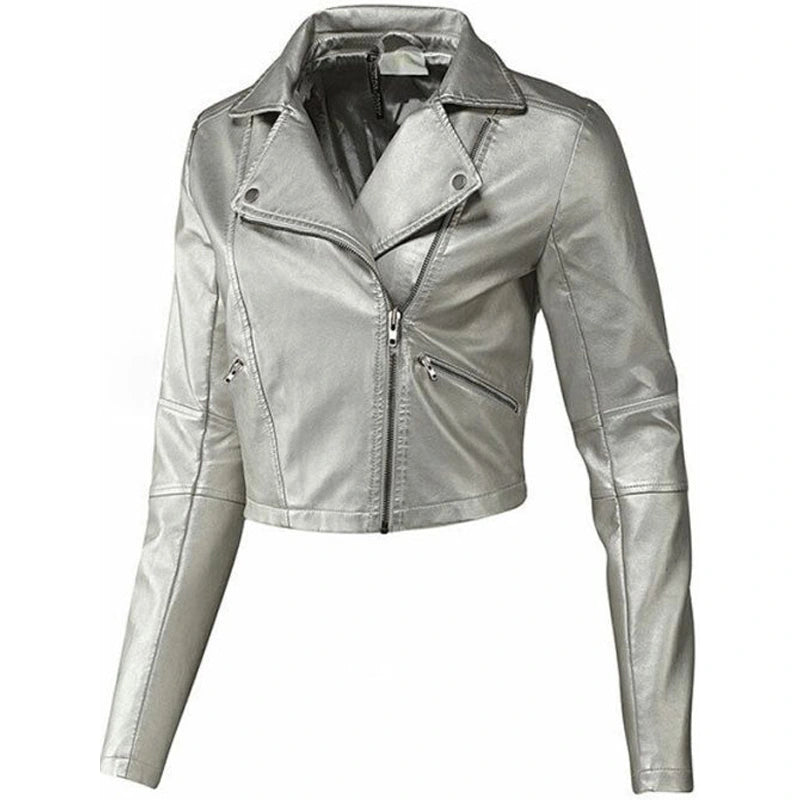 Biker Style Silver Leather Jacket For Women Satin Jacket Silk Jacket Chiffon Jacket