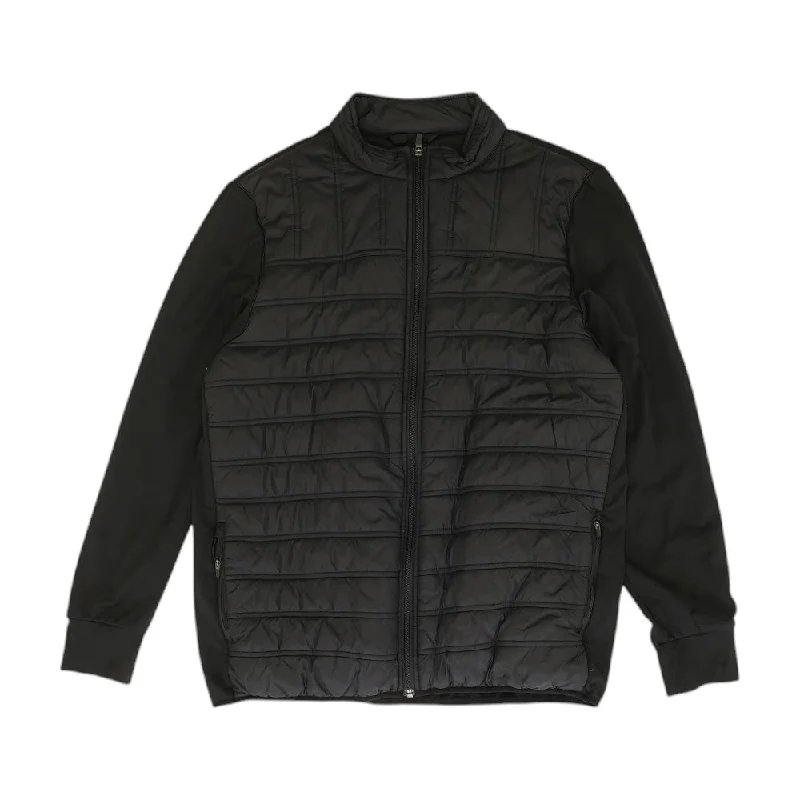 Black Solid Puffer Jacket A-Line Jacket Boat Neck Shawl Collar