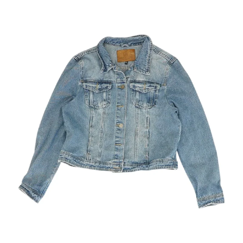 Blue Solid Denim Jacket Front Pockets Side Pockets Patch Pockets