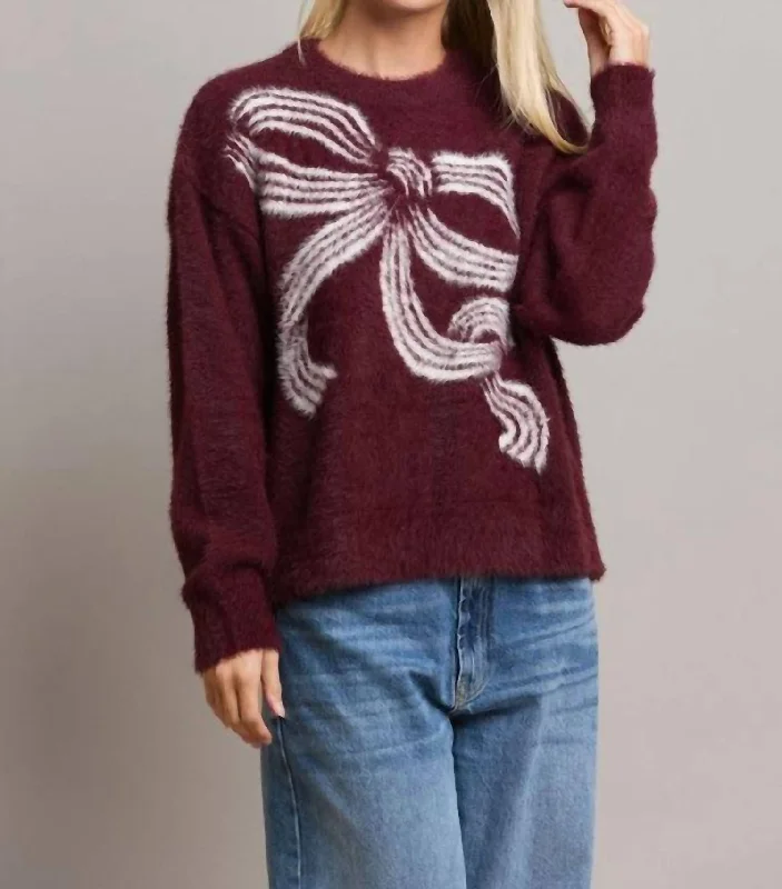 Bow Fuzzy Sweater In Burgundy Cotton Fabric Linen Fabric Terry Fabric