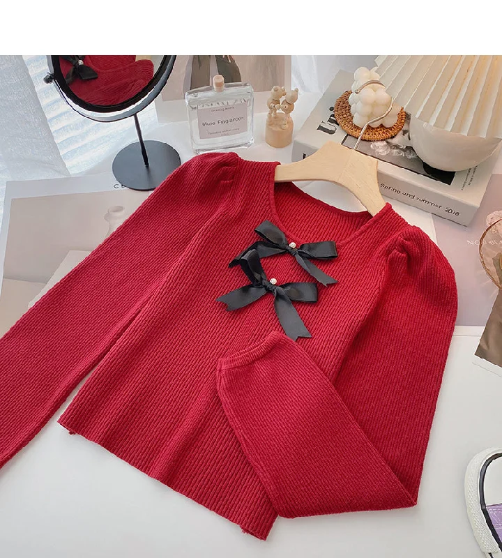 Bow Vintage French sweater slim long sleeve top  6628 Zippered Buttoned Snapped