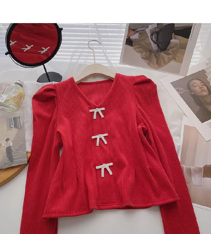 Bow Vintage V-Neck Sweater slim slim long sleeve top  6622 Nylon Fabric Polyester Fabric Spandex Fabric