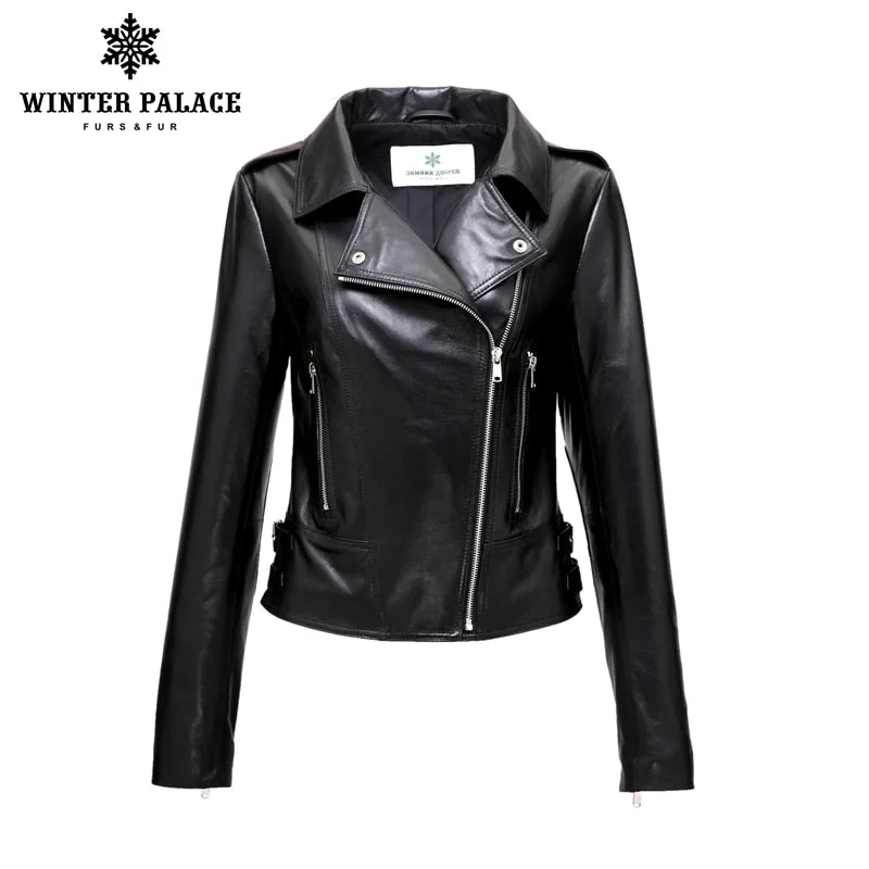 Brand Motorcycle leather jacket New Fashion leather jacket women 2018 spring Black genuine leather jacket women WINTER PALACE Faux Fur Jacket Real Fur Jacket Shearling Jacket