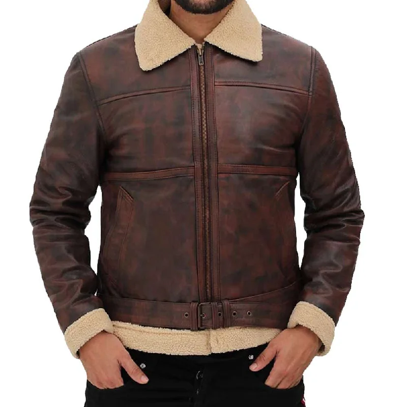 Brown Vintage Distressed Shearling Bomber Leather Jacket Tiered Jacket Buttoned Jacket Zippered Jacket