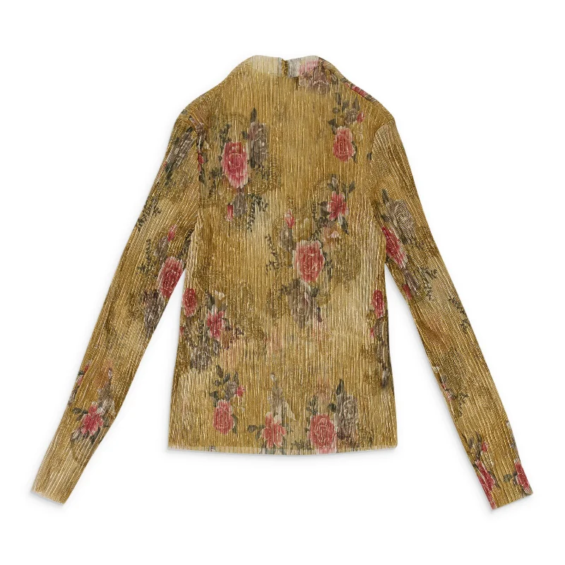 CALLIPYGIAN FLORAL PLEATED TURTLENECK GOLD SWEATER Satin Blend Silk Blend Wool Blend