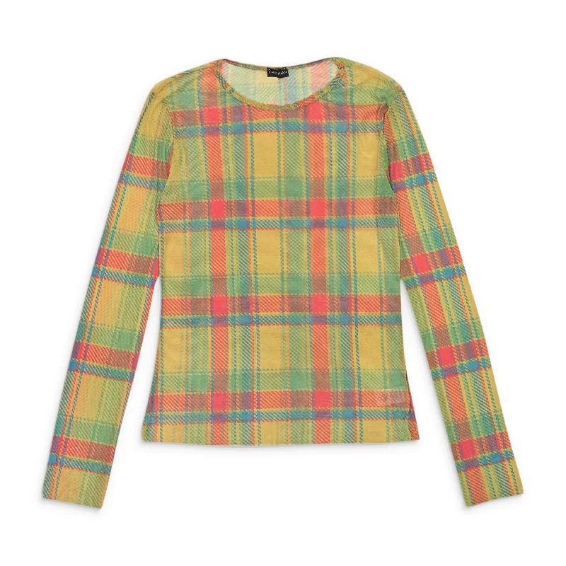 CALLIPYGIAN PLAID LONG SLEEVE MESH CREWNECK MULTICOLOR SWEATER Tailored Straight A-Line